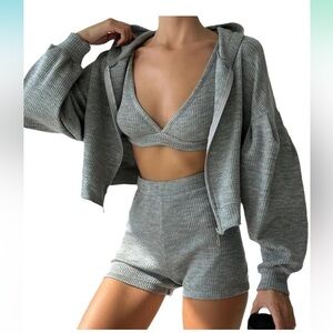 3 Piece Gray Ribbed Hoodie and Shorts Loungewear Set EUC